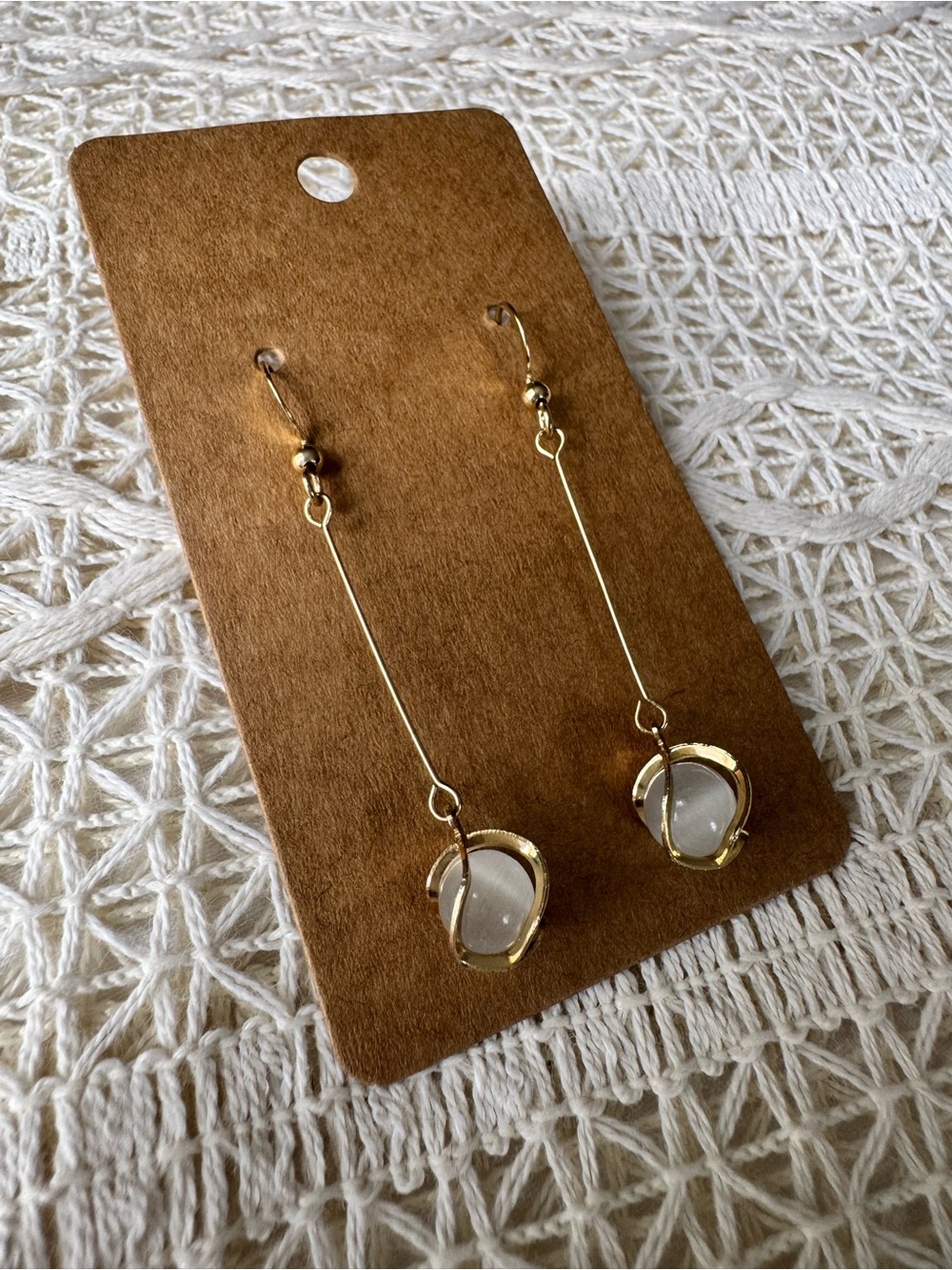 White Cat Eye Beaded Drop Wire Earrings